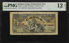 BELGIAN CONGO. Etat Independant du Congo. 10 Francs, 1896. P-1b. PMG Fine 12 Net. Cancellation Repairs, Rust.
Printed by W&S. Hole punch cancelled. C...