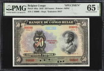 BELGIAN CONGO. Banque du Congo Belge. 50 Francs, 1943. P-16bs. Specimen. PMG Gem Uncirculated 65 EPQ.
Printed by ABNC. Series C. Overprint "Emission ...