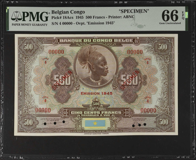 BELGIAN CONGO. Banque du Congo Belge. 500 Francs, 1945. P-18Acs. Specimen. PMG G...