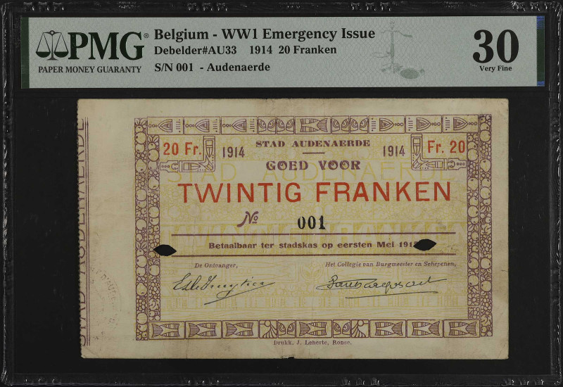 BELGIUM. Audenaerde. 20 Franken, 1914. P-Unlisted. Serial Number 1. PMG Very Fin...