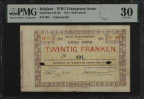 BELGIUM. Audenaerde. 20 Franken, 1914. P-Unlisted. Serial Number 1. PMG Very Fine 30.
Debelder#AU33. Serial number "001". WWI emergency issue. PMG co...