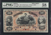 BOLIVIA. Banco Nacional De Bolivia. 50 Bolivianos, 1883. P-S209s. Specimen. PMG Choice About Uncirculated 58.
Printed by ABNC. Red specimen overprint...