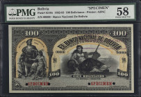BOLIVIA. Banco Nacional De Bolivia. 100 Bolivianos, 1882-83. P-S210s. Specimen. PMG Choice About Uncirculated 58.
Printed by ABNC. Dated January 1st,...