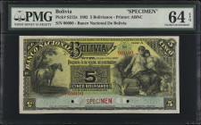 BOLIVIA. Banco Nacional De Bolivia. 5 Bolivianos, 1892. P-S212s. Specimen. PMG Gem Uncirculated 64 EPQ.
Printed by ABNC. Specimen. PMG comments "Prin...