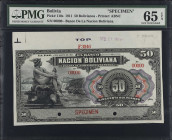 BOLIVIA. El Banco de la Nacion Boliviana. 50 Bolivianos, 1911. P-110s. Specimen. PMG Gem Uncirculated 65 EPQ.
Printed by ABNC. Specimen.
From the Pa...