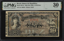 BRAZIL. Banco de Republica do Brazil. 10 Mil Reis, 1892 (ND 1893). P-S671a. PMG Very Fine 30.
Printed by G&D. One of just three graded by PMG for the...