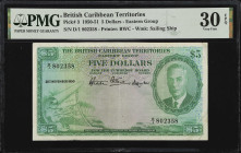 BRITISH CARIBBEAN TERRITORIES. Currency Board of the British Caribbean Territories. 5 Dollars, 1950-51. P-3. PMG Very Fine 30 EPQ.
Printed by BWC. Wa...