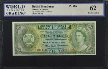 BRITISH HONDURAS. The Government of British Honduras. 1 Dollar, 1958. P-28a. WBG Uncirculated 62.
Dated October 1st, 1958. WBG comments "Light Margin...