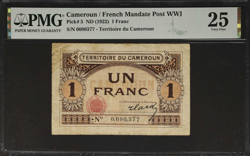 CAMEROON. Territoire du Cameroun. 1 Franc, ND (1922). P-5. PMG Very Fine 25.
Fr...