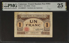 CAMEROON. Territoire du Cameroun. 1 Franc, ND (1922). P-5. PMG Very Fine 25.
French mandate post WWI. One of just five examples graded by PMG for the...