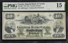 CANADA. The Imperial Bank of Canada. 10 Dollars, 1875. CH #375-10-22. PMG Choice Fine 15.
Toronto, Ontario. Engraved signature of H.S. Howland at rig...