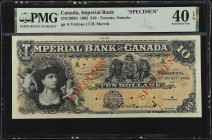 CANADA. Imperial Bank. 10 Dollars, 1902. CH #375-12-08S. Specimen. PMG Extremely Fine 40 EPQ.
Toronto, Ontario. Printed signature of T.H. Merritt. Du...