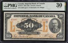 CANADA. The Imperial Bank of Canada. 50 Dollars, 1923. CH #375-18-14. PMG Very Fine 30.
Signature combination of P. Howland and A.E. Phipps. PMG Pop ...