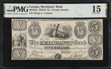 CANADA. The Merchants' Bank. 5 Dollars, 1836-37. CH #450-10-10. PMG Choice Fine 15.
Toronto, Ontario. Upper Canada. Penned signatures of Wm. Firman a...