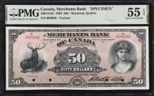 CANADA. The Merchants Bank of Canada. 50 Dollars, 1903. CH #460-14-12S. Specimen. PMG About Uncirculated 55 EPQ.
Montreal, Quebec. Red serial numbers...