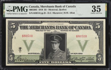 CANADA. The Merchants Bank of Canada. 5 Dollars, 1919. CH #460-22-02. PMG Choice Very Fine 35.
D.C. Macarow - H.M. Allan signature combination. The P...