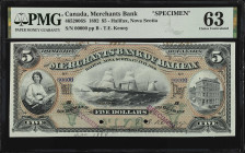 CANADA. Merchants Bank. 5 Dollars, 1892. CH #465-20-06S. Specimen. PMG Choice Uncirculated 63.
Halifax, Nova Scotia. Signature of T.E. Kenny at right...