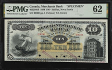 CANADA. Merchants Bank. 10 Dollars, 1880. CH #465-20-10s. Specimen. PMG Uncirculated 62.
Halifax, Nova Scotia. Printed signature of T.E. Kenny. PMG c...