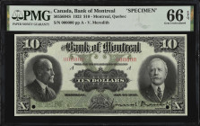 CANADA. Bank of Montreal. 10 Dollars, 1923. CH #505-56-04S. Specimen. PMG Gem Uncirculated 66 EPQ.
Montreal, Quebec. Signature at right of V. Meredit...
