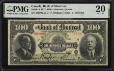 CANADA. The Bank of Montreal. 100 Dollars, 1923. CH #505-56-10. PMG Very Fine 20.
Montreal, Quebec. Large underprint "C" counter at center in olive g...