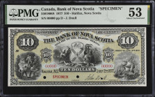 CANADA. The Bank of Nova Scotia. 10 Dollars, 1877. CH #550-18-06S. Specimen. PMG About Uncirculated 53.
Halifax, Nova Scotia. J. Doull engraved signa...