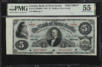 CANADA. Bank of Nova Scotia. 5 Dollars, 1881. CH #550-20-06s. Specimen. PMG About Uncirculated 55.
Halifax, Nova Scotia. Red specimen overprints, ser...