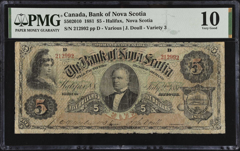 CANADA. The Bank of Nova Scotia. 5 Dollars, 1881. CH #550-20-10. PMG Very Good 1...