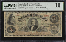 CANADA. The Bank of Nova Scotia. 5 Dollars, 1881. CH #550-20-10. PMG Very Good 10.
Halifax, Nova Scotia. Penned signature at left with engraved signa...