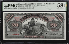 CANADA. The Bank of Nova Scotia. 20 Dollars, 1896. CH #550-24-02s. Specimen. PMG Choice About Uncirculated 58 EPQ.
Halifax, Nova Scotia. Red specimen...