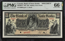 CANADA. The Bank of Nova Scotia. 20, 1897. CH #550-26-02S. Specimen. PMG Gem Uncirculated 66 EPQ.
Halifax, Nova Scotia. J. Doull signature. Specimen ...