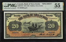 CANADA. Bank of Nova Scotia. 20 Dollars, 1918. CH #550-28-16S. Specimen. PMG About Uncirculated 55.
Halifax, Nova Scotia. Specimen perforated. Red sp...
