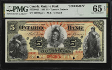CANADA. Ontario Bank. 5 Dollars, 1888. CH #555-18-02S. Specimen. PMG Gem Uncirculated 65 EPQ.
Toronto, Ontario. Printed signature of W.C. Howland. Sp...