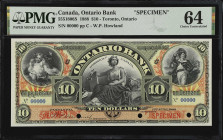 CANADA. Ontario Bank. 10 Dollars, 1888. CH #555-18-06S. Specimen. PMG Choice Uncirculated 64.
Toronto, Ontario. Printed signature of W.P. Howland. Vi...
