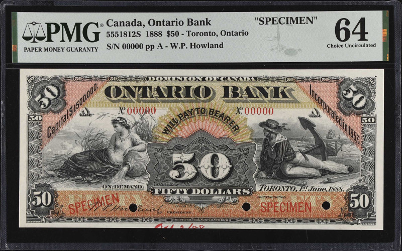 CANADA. Ontario Bank. 50 Dollars, 1888. CH #555-18-12S. Specimen. PMG Choice Unc...