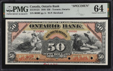 CANADA. Ontario Bank. 50 Dollars, 1888. CH #555-18-12S. Specimen. PMG Choice Uncirculated 64.
Toronto, Ontario. W.P. Howland signature at left. Dated...