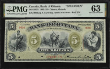 CANADA. Bank of Ottawa. 5 Dollars, 1880. CH #565-12-02S. Specimen. PMG Choice Uncirculated 63.
Ottawa, Ontario. Green tint. Red serial number. Printe...