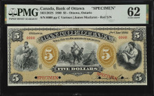 CANADA. Bank of Ottawa. 5 Dollars, 1880. CH #565-12-02S. Specimen. PMG Uncirculated 62.
Ottawa, Ontario. Red serial number. Printed signature of Jame...