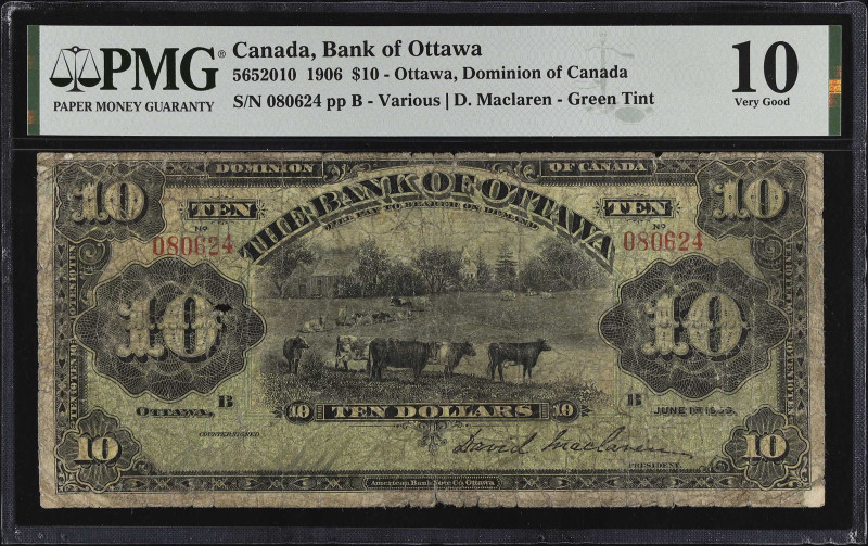 CANADA. Bank of Ottawa. 10 Dollars, 1906. CH #565-20-10. PMG Very Good 10.
Otta...