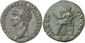 (41-42 d.C.). Claudio. Dupondio. (Spink 1855 var) (Co. 2) (RIC. 94, ver nota). Leve raspadura en anverso. 13,77 g. (EBC).