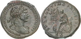 (105 d.C.). Trajano. Sestercio. (Spink 3196) (Co. 534) (RIC. 564). Oxidación en canto. 24,11 g. (EBC).