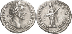 (153-154 d.C.). Antonino pío. Denario. (Spink falta) (S. 519c) (RIC. 234). 3,22 g. EBC-.