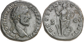 (157-158 d.C.). Antonino pío. Sestercio. (Spink 4251 var) (Co. falta) (RIC. 980). 24,67 g. MBC.
