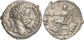 (171 d.C.). Marco Aurelio. Denario. (Spink 4910 var) (S. 276) (RIC. 239). 3,32 g. EBC-.