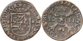 1611. Alberto e Isabel. Maestricht. 1 liard. (Vti. 77) (Vanhoudt 603.MA). Rara. 3,42 g. BC+.