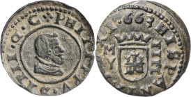 1663. Felipe IV. M (Madrid). Y. 4 maravedís. (AC. 239). Tres puntos sobre el busto. Punto en la fecha, entre los dos primeros dígitos. Ex Colección de...
