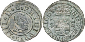 1663. Felipe IV. Madrid. S. 16 maravedís. (AC. 475). Pátina verde. 4,33 g. MBC+.