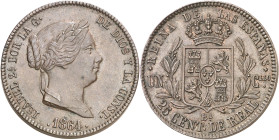 1864. Isabel II. Barcelona. 25 céntimos de real. (AC. 182). Rayitas. Escasa. 9,58 g. MBC+/EBC-.