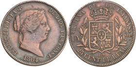 1864. Isabel II. Barcelona. 25 céntimos de real. (AC. 182). Escasa. 9,24 g. MBC+.