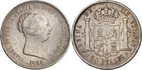 1854. Isabel II. Madrid. 20 reales. (AC. 596). Rayitas. 25,82 g. BC+/MBC-.
