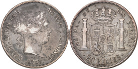 1858. Isabel II. Madrid. 20 reales. (AC. 615). Golpecitos. 25,52 g. BC+/MBC-.